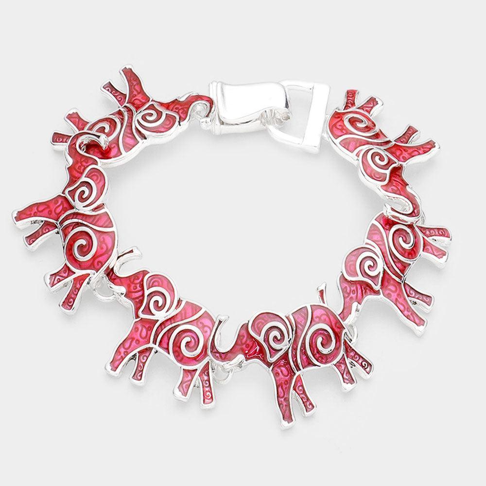 Red Boho Pattern Detail Metal Elephant Link Magnetic Bracelet - Jewelry Store by Erik Rayo