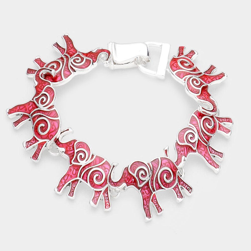 Red Boho Pattern Detail Metal Elephant Link Magnetic Bracelet