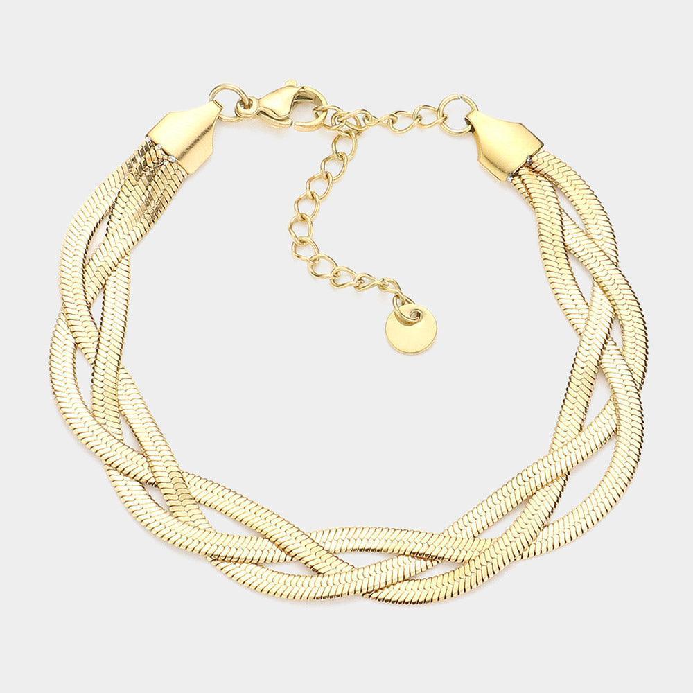 Gold Stainless Steel Twisted Herringbone Chain Bracelet - Jewelry Store by Erik Rayo