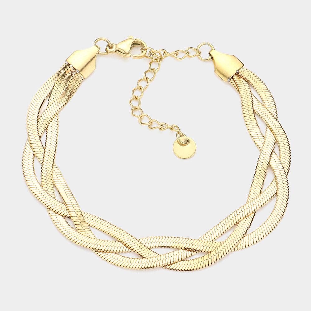 Gold Stainless Steel Twisted Herringbone Chain Bracelet