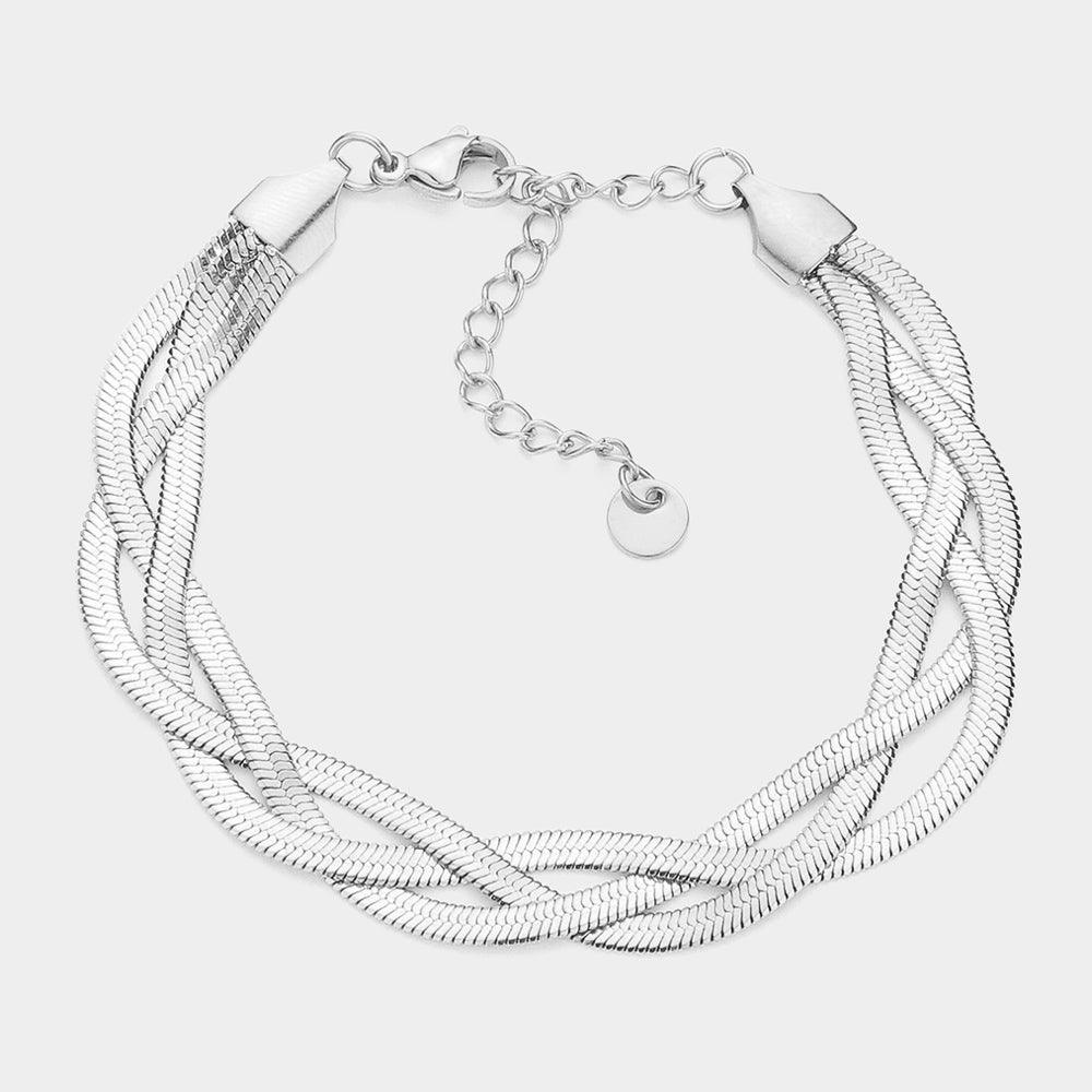 Silver Stainless Steel Twisted Herringbone Chain Bracelet