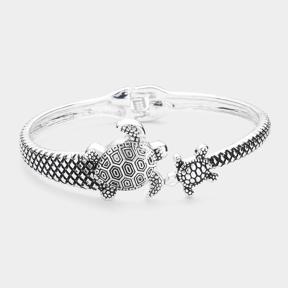 Silver Antique Metal Sea Turtle Hinged Bangle Bracelet - Jewelry Store by Erik Rayo