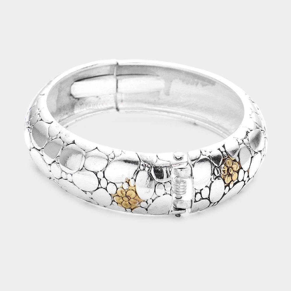 Flower Detailed Geometric Patterned Metal Hinged Bangle Bracelet - Jewelry Store by Erik Rayo
