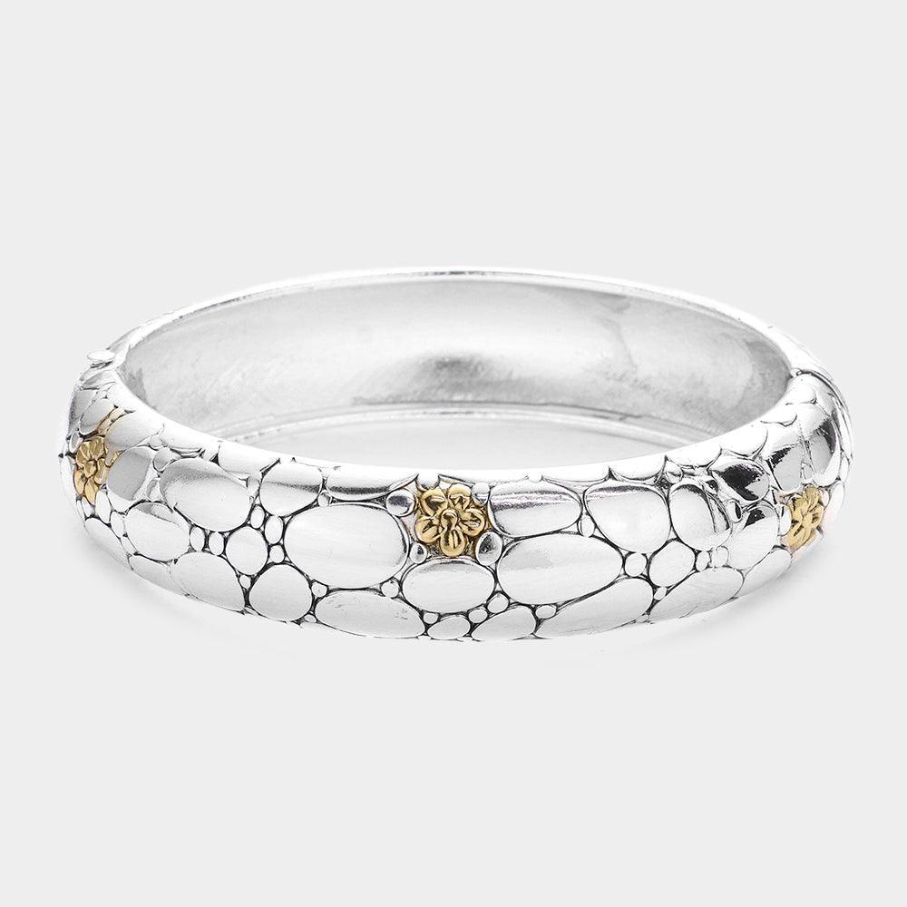 Flower Detailed Geometric Patterned Metal Hinged Bangle Bracelet - Jewelry Store by Erik Rayo