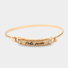 Load image into Gallery viewer, Gold Take pride message bar hook bracelet
