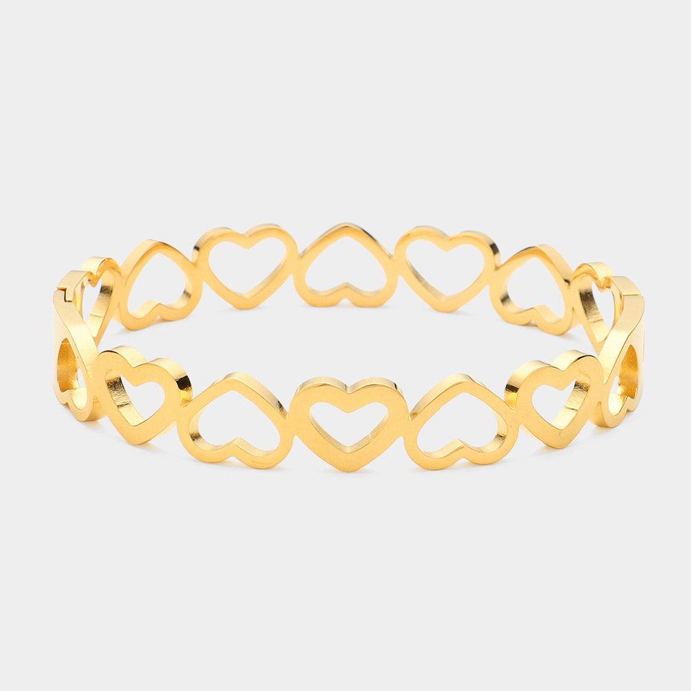 Gold Stainless Steel Open Heart Hinged Bangle Bracelet
