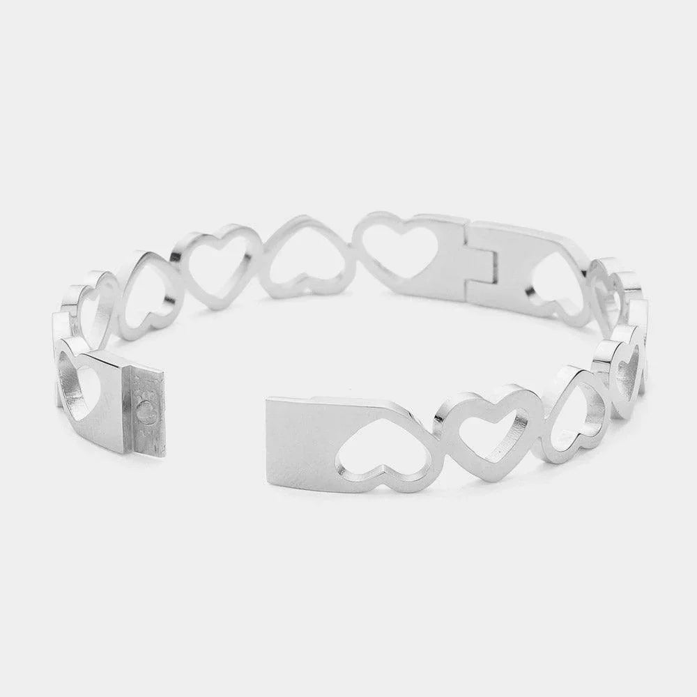 Silver Stainless Steel Open Heart Hinged Bangle Bracelet - Jewelry Store by Erik Rayo
