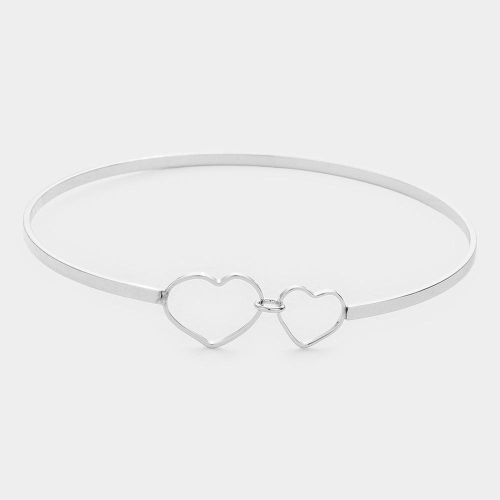 Silver Double Open Metal Heart Link Bangle Bracelet