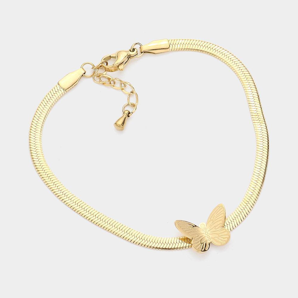 Gold Stainless Steel Butterfly Pointed Herringbone Chain Bracelet - Jewelry Store by Erik Rayo