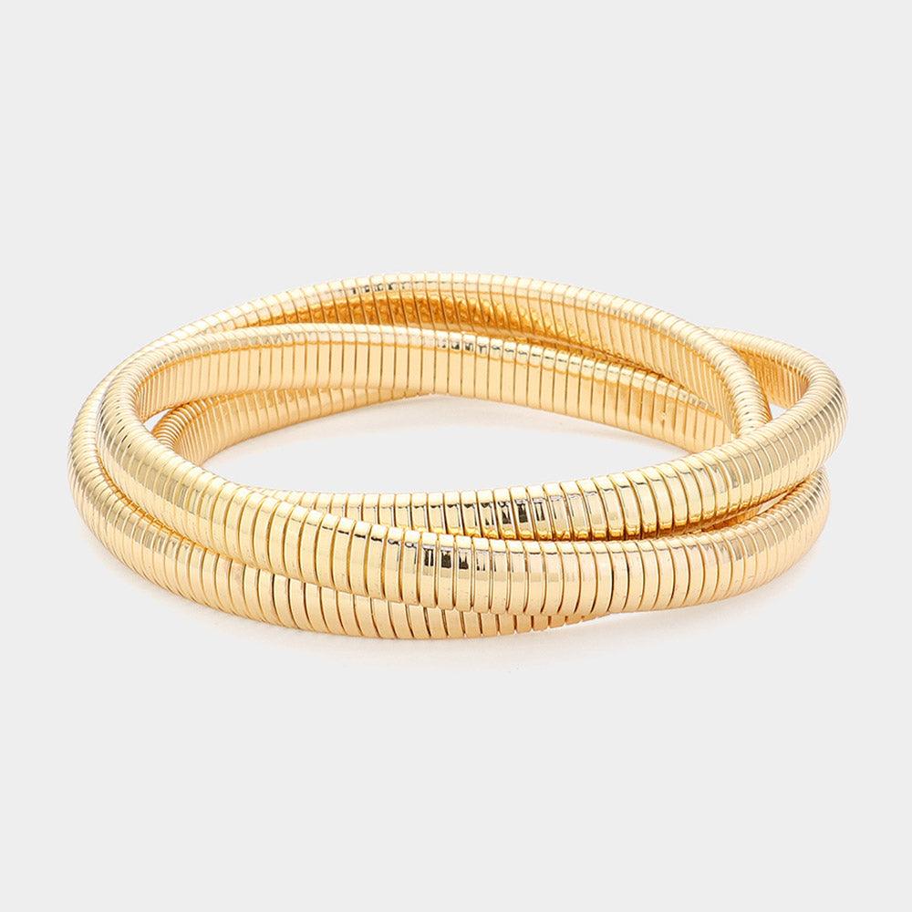 Gold Triple Textured Metal Strand Bangle Bracelet