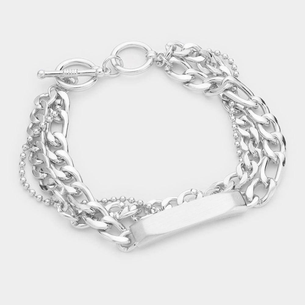 Metal ID Bar Accented Triple Layered Chain Toggle Bracelet - Jewelry Store by Erik Rayo