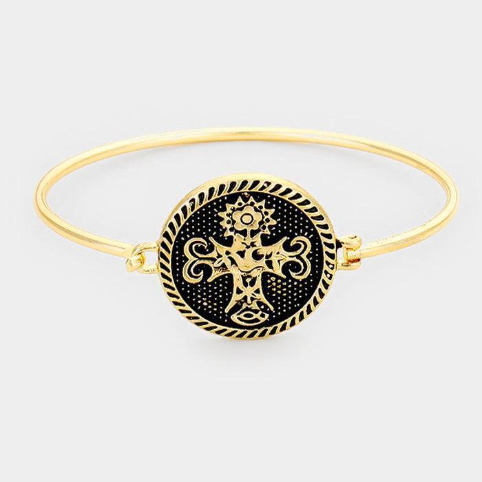 Gold Ornate Floral Cross Bangle Bracelet - Jewelry Store by Erik Rayo