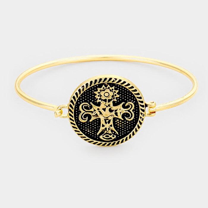 Gold Ornate Floral Cross Bangle Bracelet