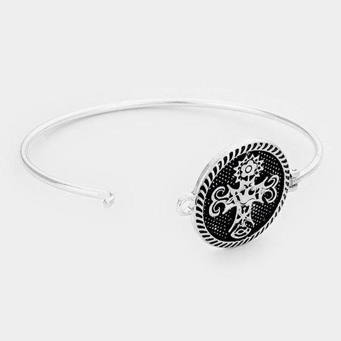Silver Ornate Floral Cross Bangle Bracelet - Jewelry Store by Erik Rayo