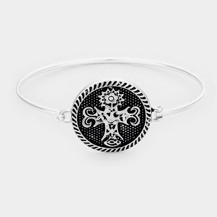 Silver Ornate Floral Cross Bangle Bracelet - Jewelry Store by Erik Rayo