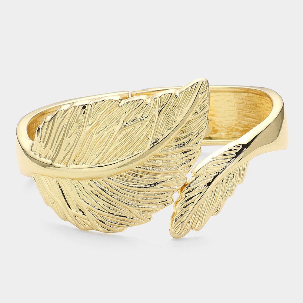 Gold Metal Leaf Hinged Bangle Bracelet