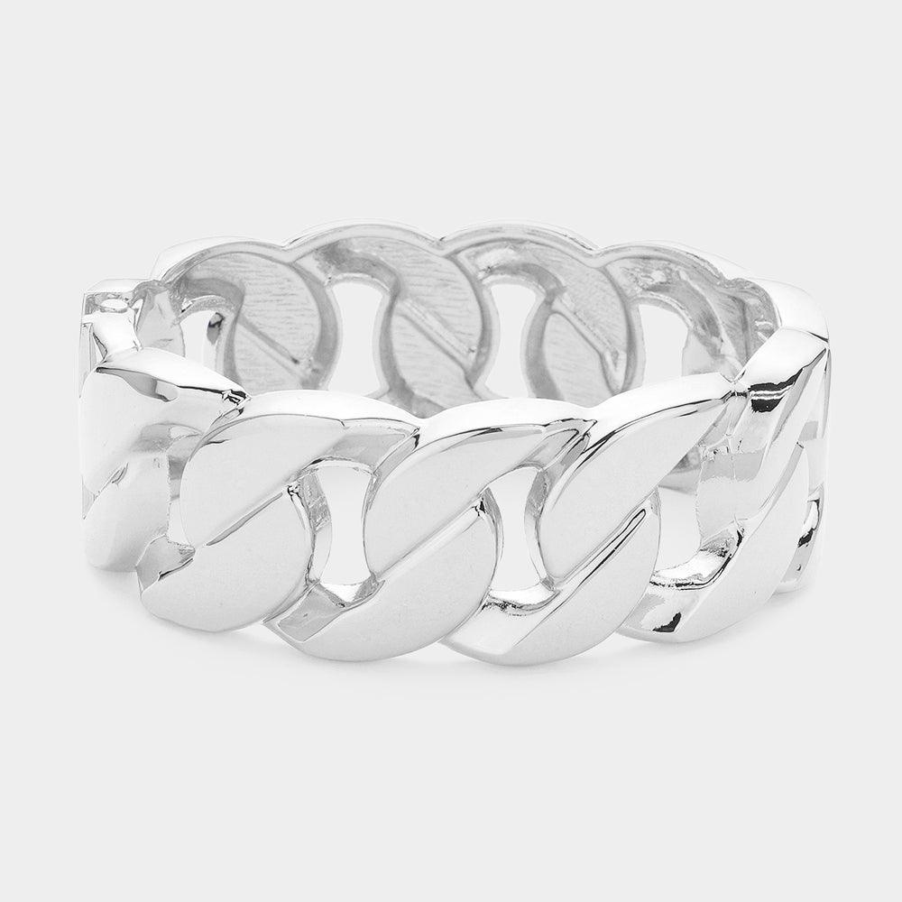 Silver Metal Chunky Cuban Chain Hinged Bangle Bracelet