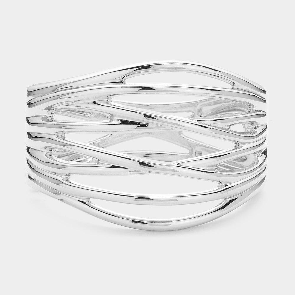 Silver Abstract Metal Hinged Bangle Bracelet