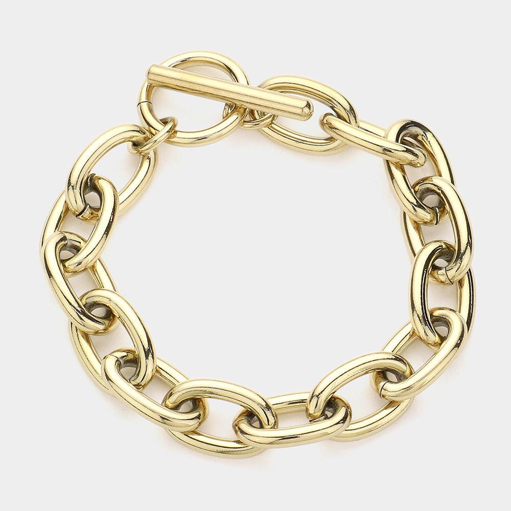 Gold Stainless Steel Chunky Chain Toggle Bracelet