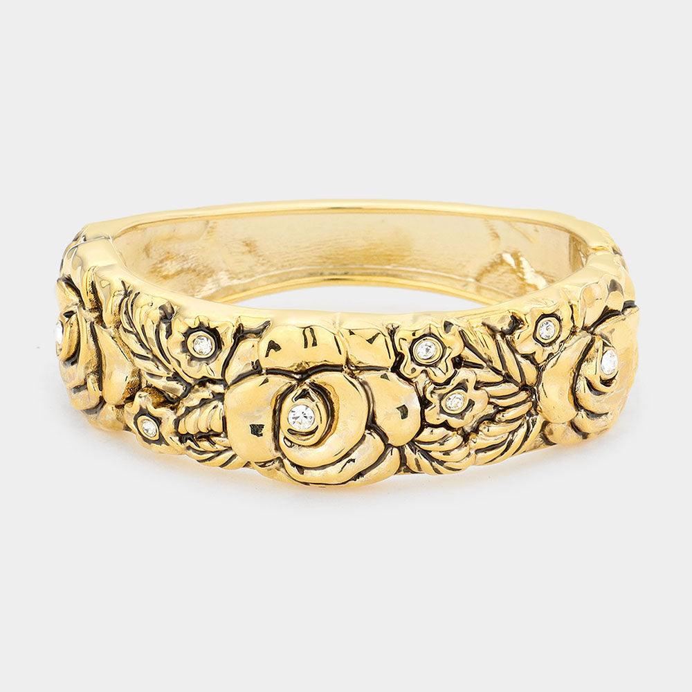 Gold Floral Rose Metal Hinged Bangle Bracelet