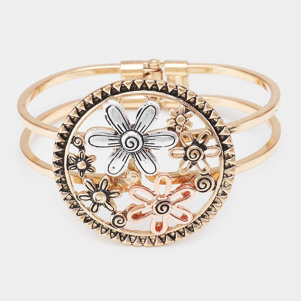 Three Tone Metal Flower Hinged Bracelet - Jewelry Store by Erik Rayo