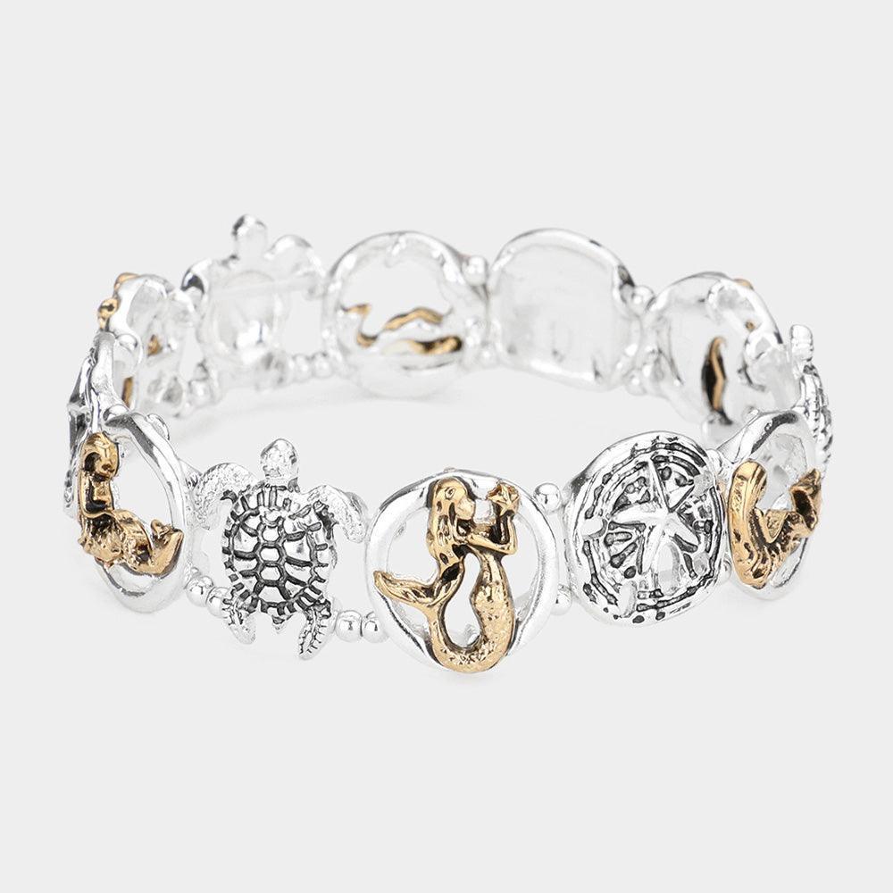 Two Tone Sea Life Antique Metal Pendant Link Stretch Bracelet - Jewelry Store by Erik Rayo