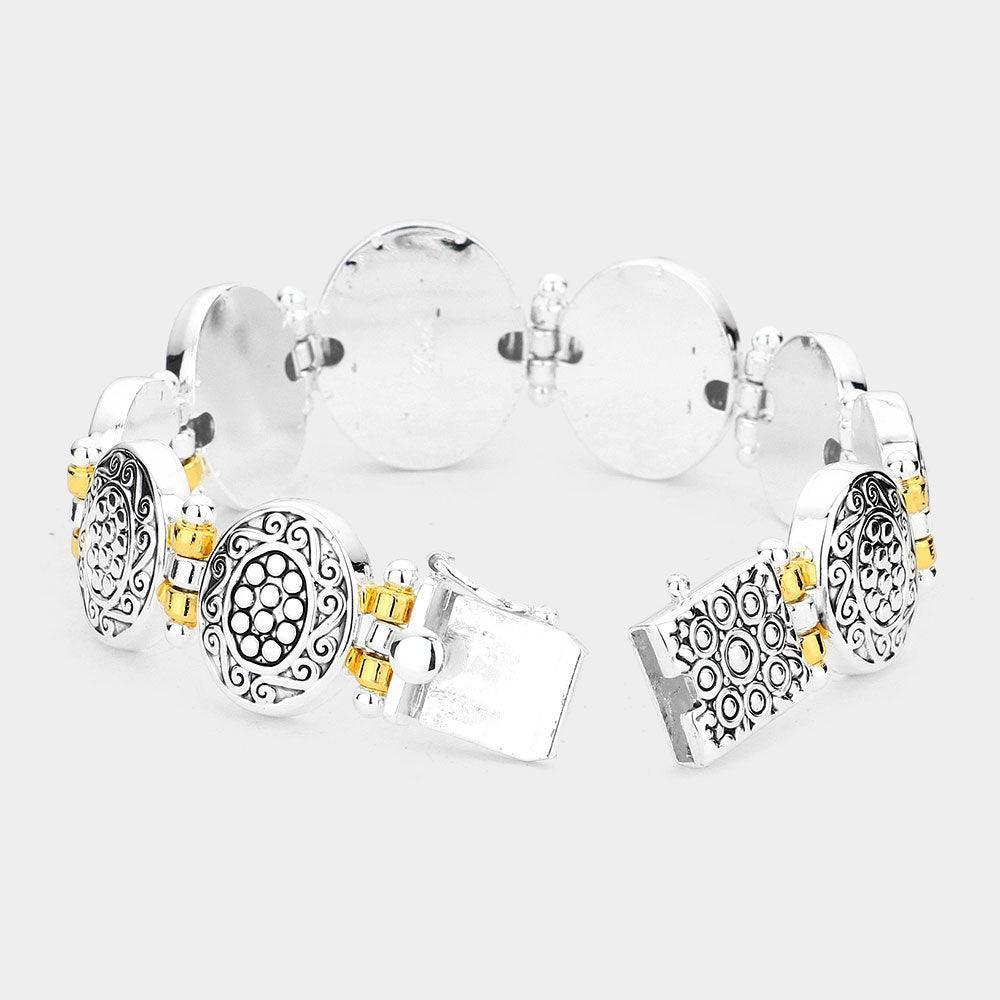 Two Tone Antique Patterned Metal Oval Bracelet - Jewelry Store by Erik Rayo
