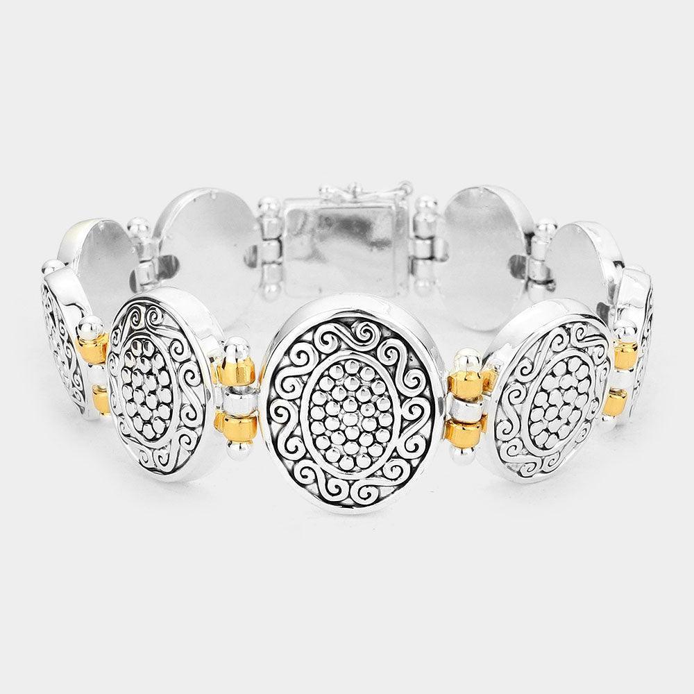 Two Tone Antique Patterned Metal Oval Bracelet - Jewelry Store by Erik Rayo