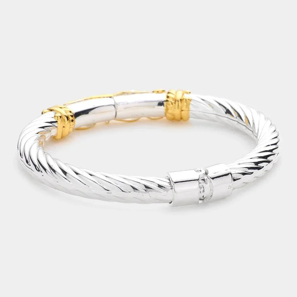 Two Tone Pattern Detailed Metal Hinged Bangle Bracelet - Jewelry Store by Erik Rayo
