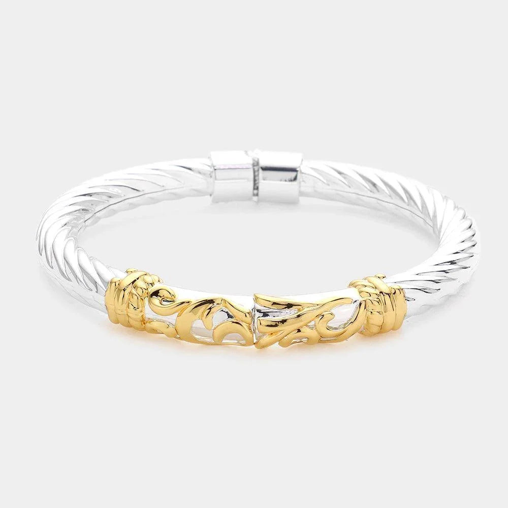 Two Tone Pattern Detailed Metal Hinged Bangle Bracelet - Jewelry Store by Erik Rayo