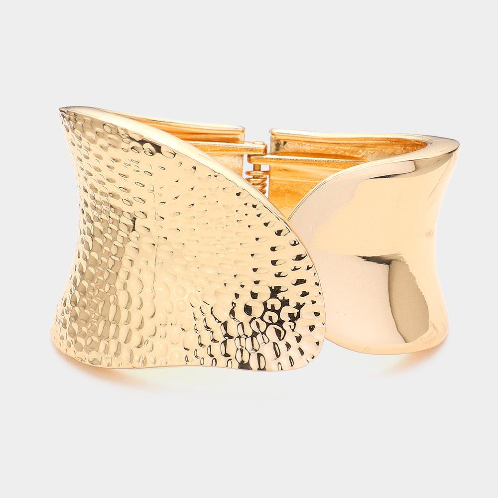 Gold Textured Metal Hinged Bangle Bracelet