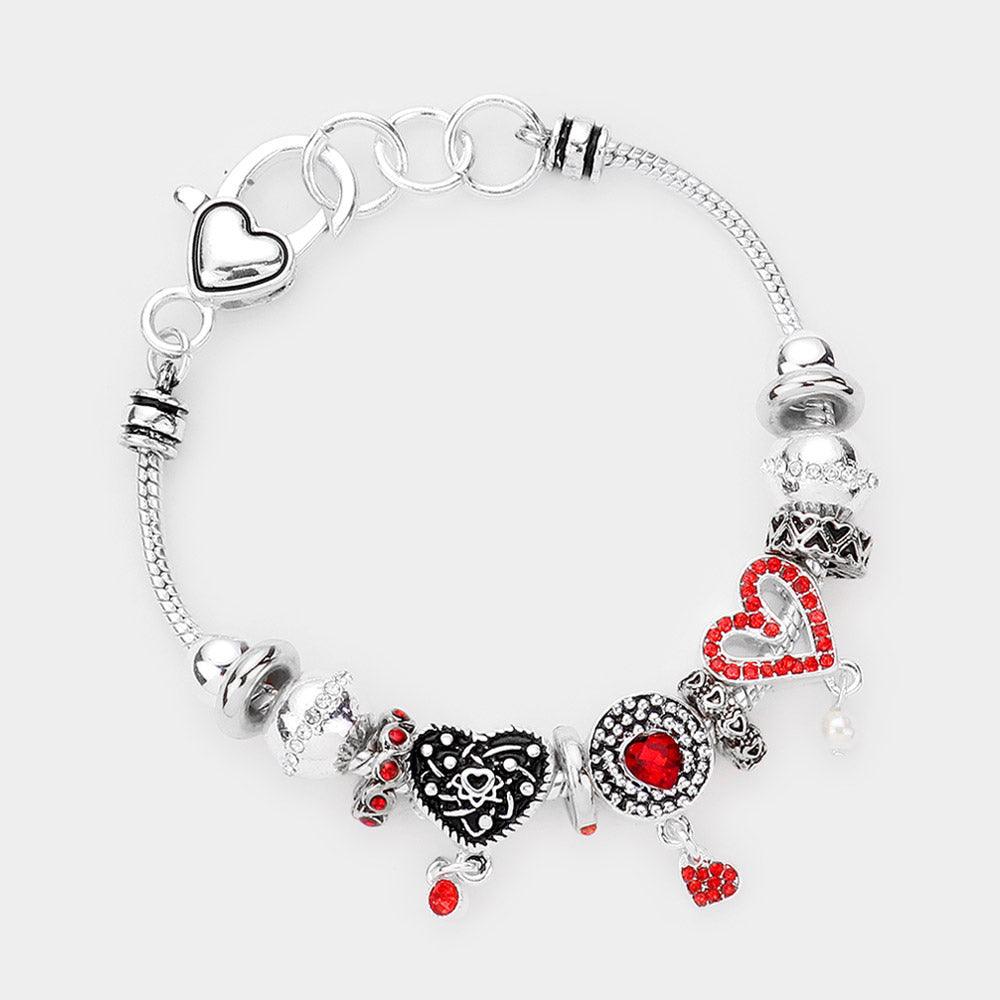 Silver Rhinestone Embellished Heart Multi Bead Bracelet