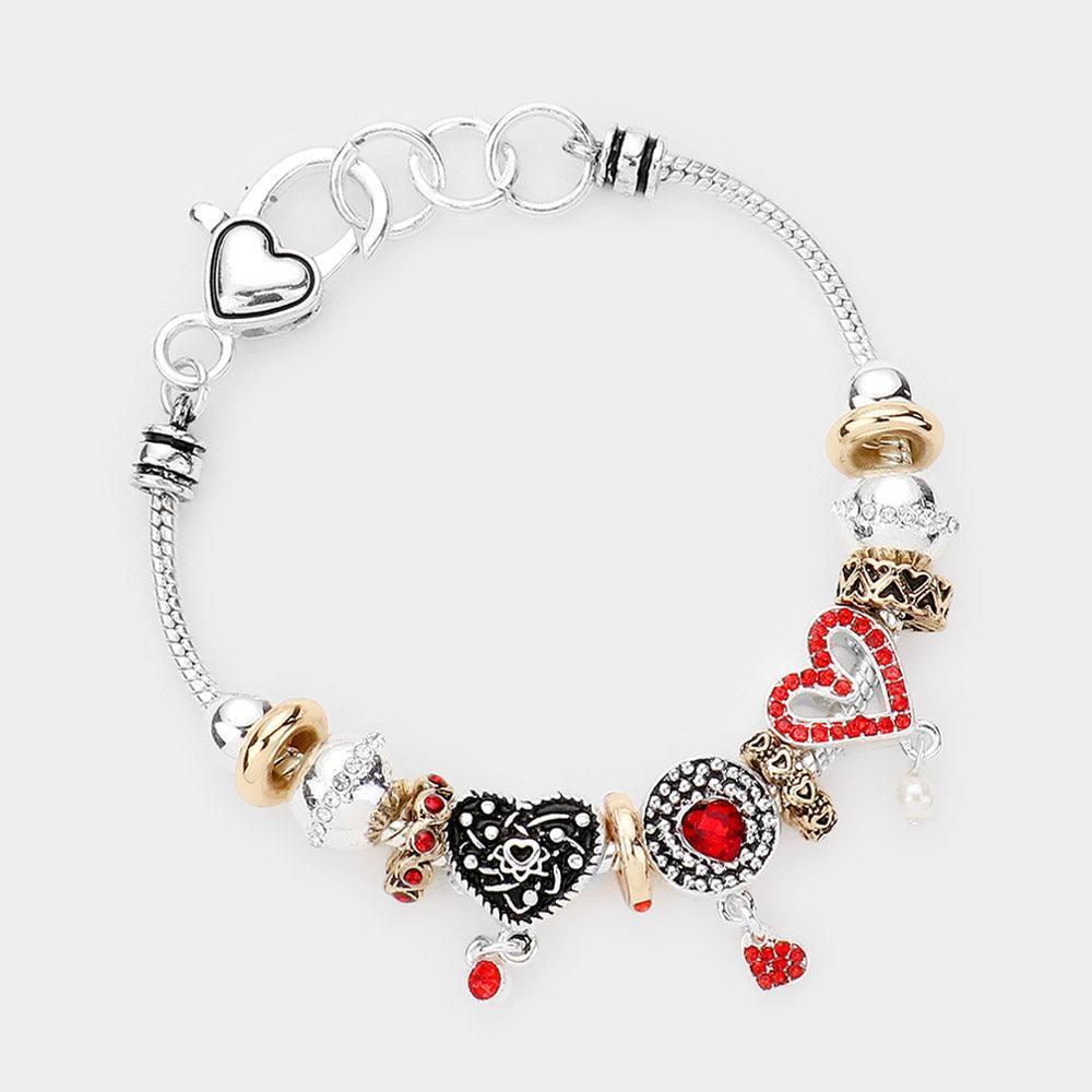 Two Tone Rhinestone Embellished Heart Multi Bead Bracelet - Jewelry Store by Erik Rayo