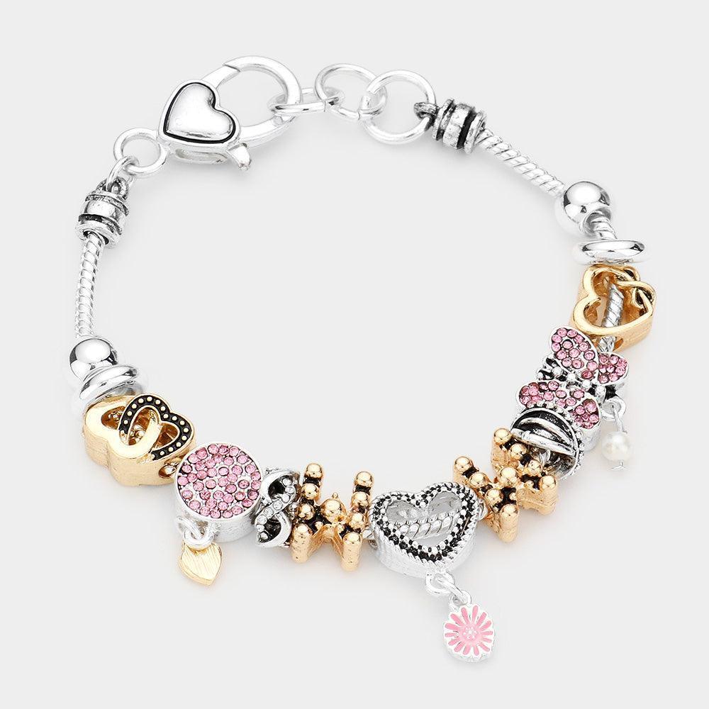 Two Tone Metal Heart Rhinestone Embellished Round Butterfly Multi Bead Charm Bracelet - Jewelry Store by Erik Rayo