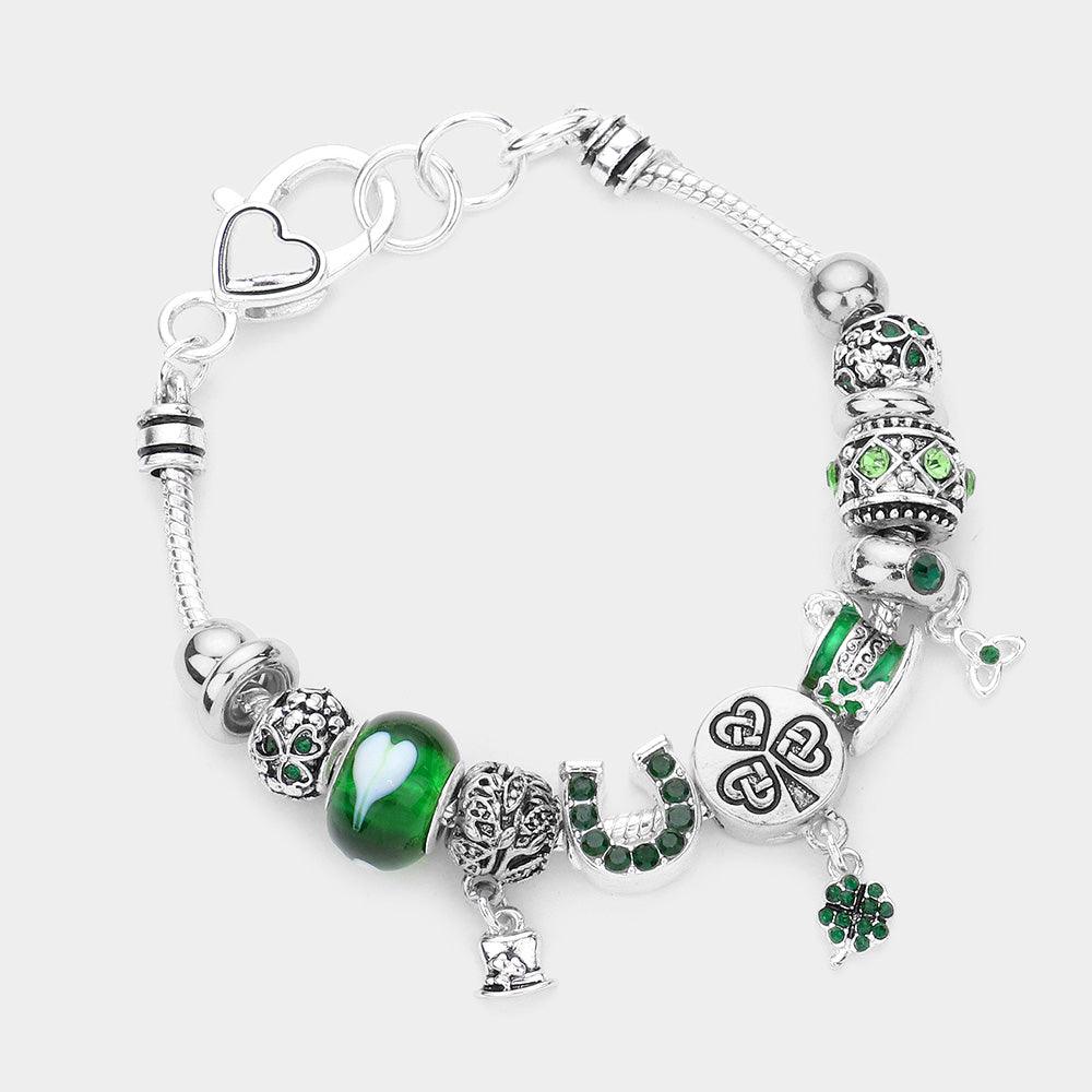 Silver St. Patrick's Day Clover Hat Horseshoe Multi Bead Bracelet