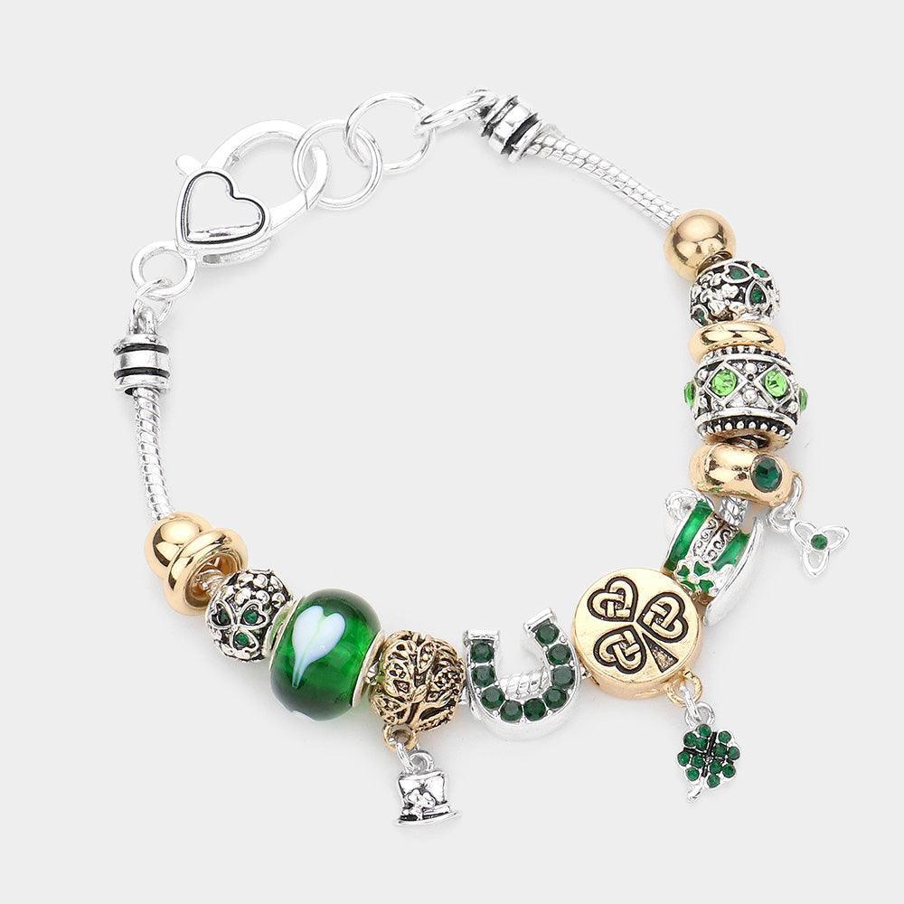 Two Tone St. Patrick's Day Clover Hat Horseshoe Multi Bead Bracelet - Jewelry Store by Erik Rayo