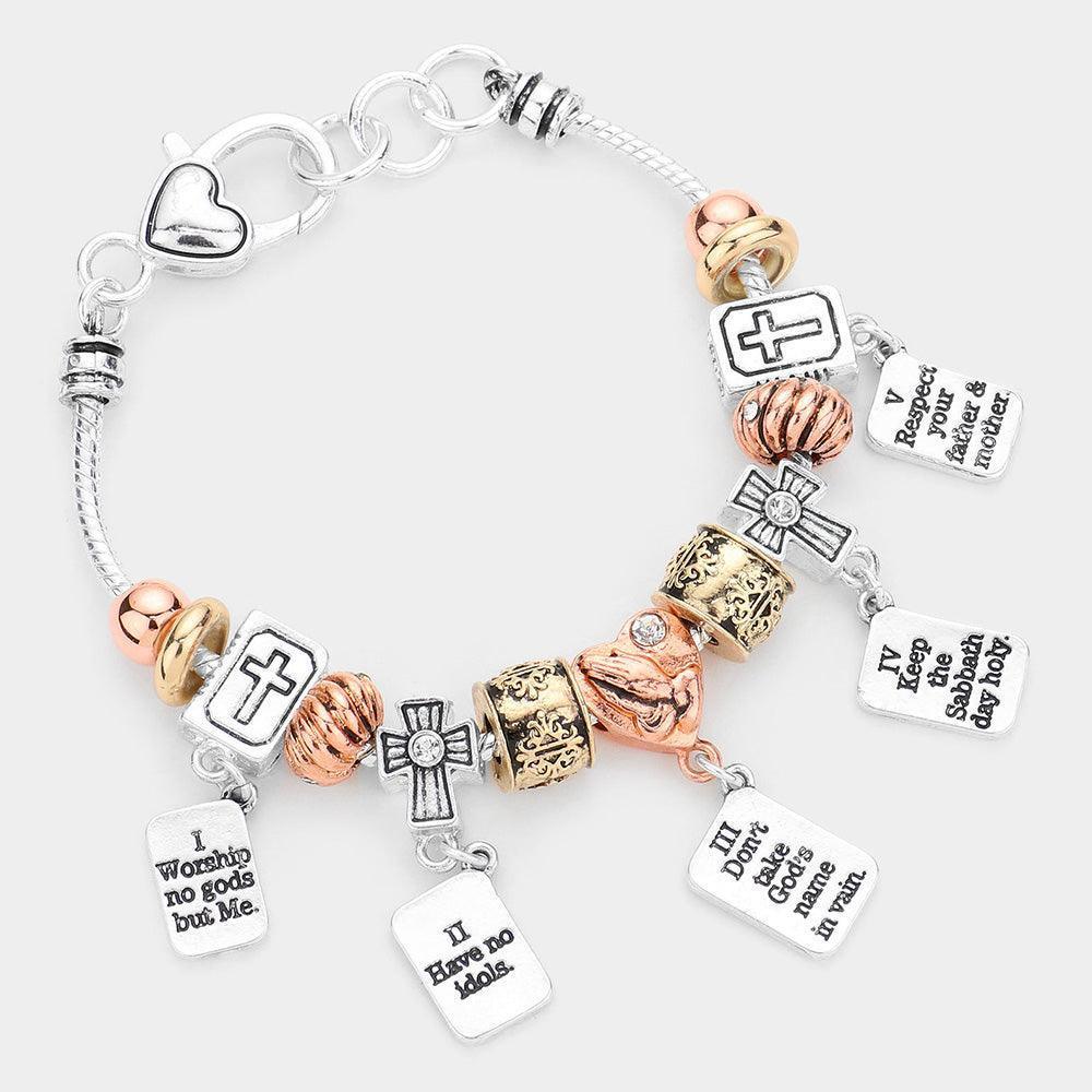 Three Tone 10 Commandments Heart Cross Bible Multi Bead Bracelet - Jewelry Store by Erik Rayo