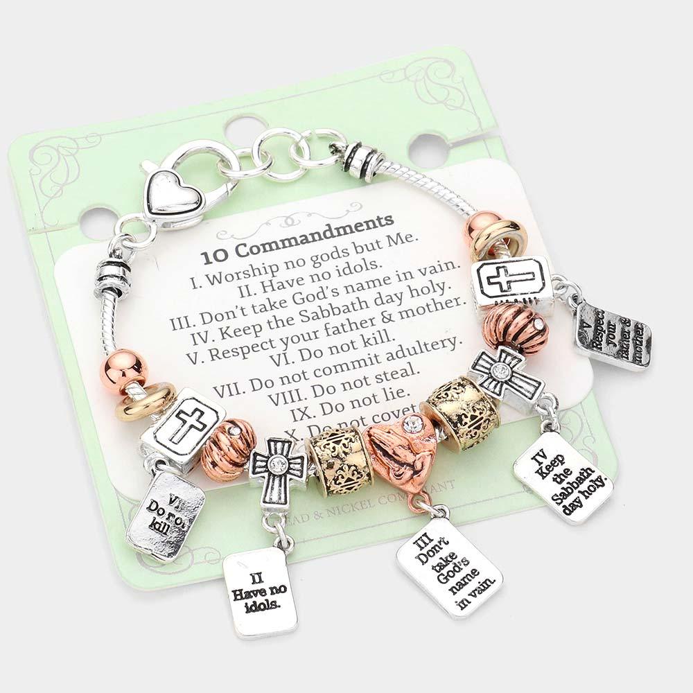 Three Tone 10 Commandments Heart Cross Bible Multi Bead Bracelet