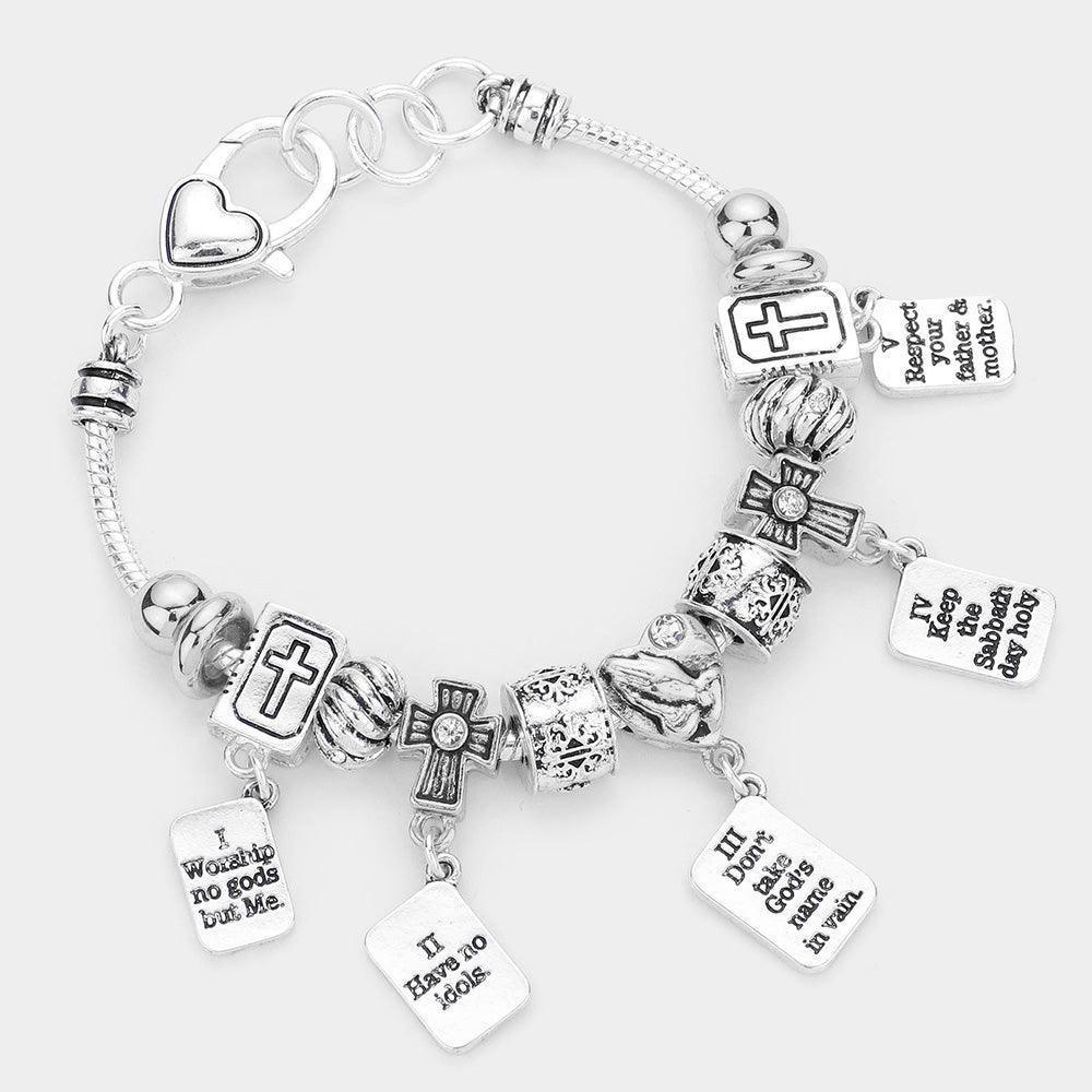 Silver 10 Commandments Heart Cross Bible Multi Bead Bracelet - Jewelry Store by Erik Rayo