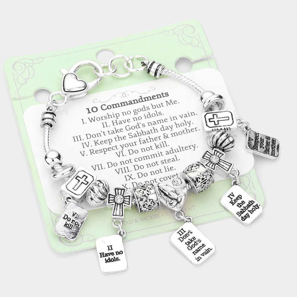 Silver 10 Commandments Heart Cross Bible Multi Bead Bracelet - Jewelry Store by Erik Rayo