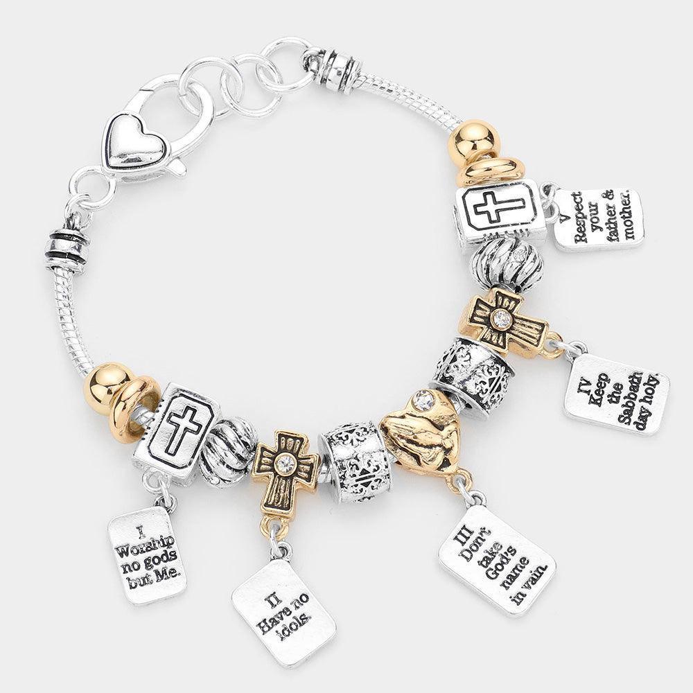 Two Tone 10 Commandments Heart Cross Bible Multi Bead Bracelet - Jewelry Store by Erik Rayo