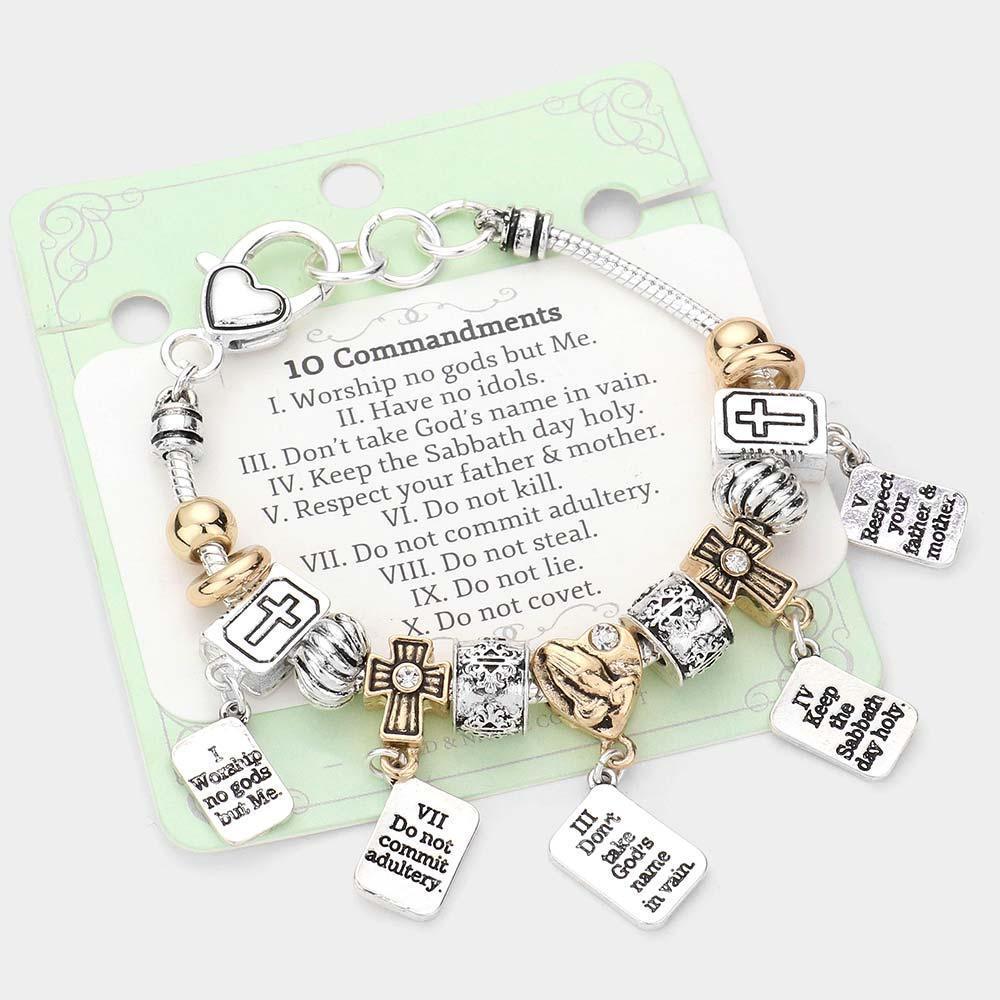Two Tone 10 Commandments Heart Cross Bible Multi Bead Bracelet - Jewelry Store by Erik Rayo