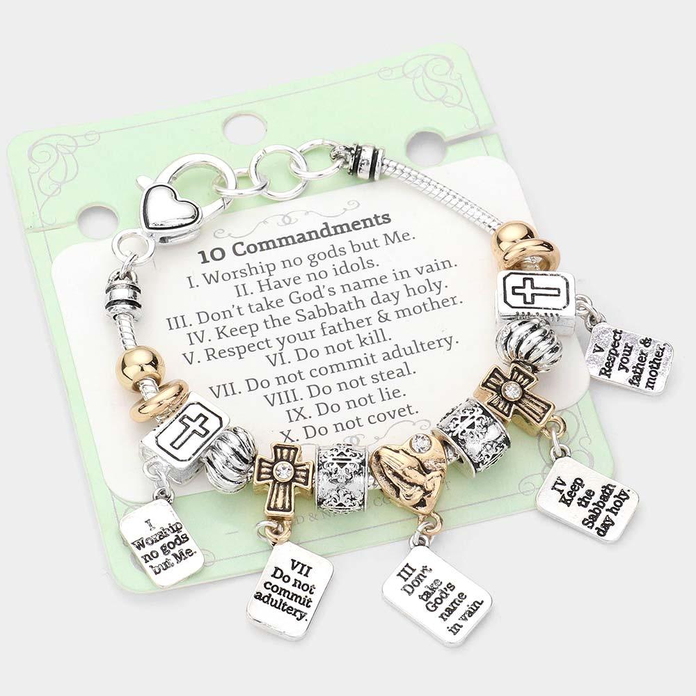 Two Tone 10 Commandments Heart Cross Bible Multi Bead Bracelet