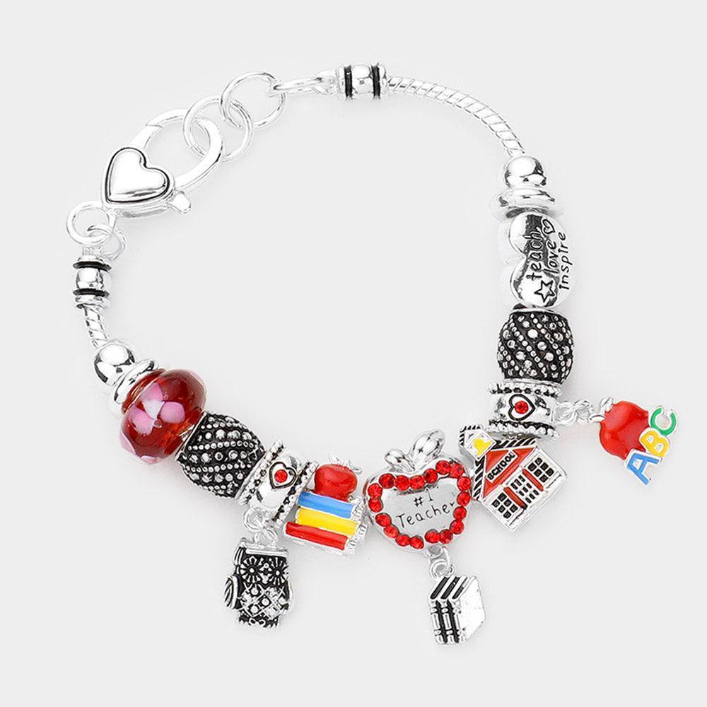 Silver No. 1 Teacher Rhinestone Embellished Apple Owl Books Multi Bead Bracelet - Jewelry Store by Erik Rayo