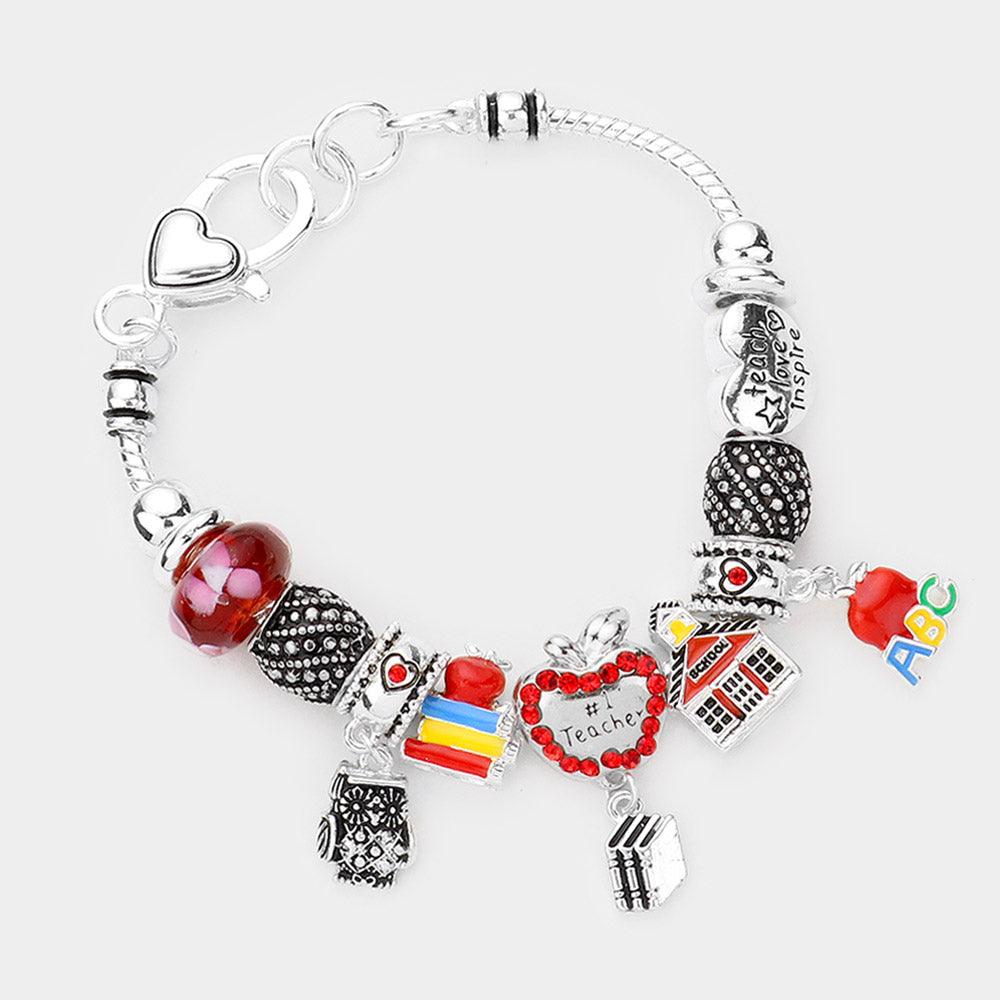 Silver No. 1 Teacher Rhinestone Embellished Apple Owl Books Multi Bead Bracelet