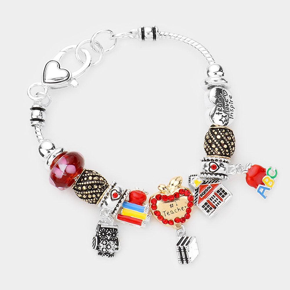Two Tone No. 1 Teacher Rhinestone Embellished Apple Owl Books Multi Bead Bracelet - Jewelry Store by Erik Rayo