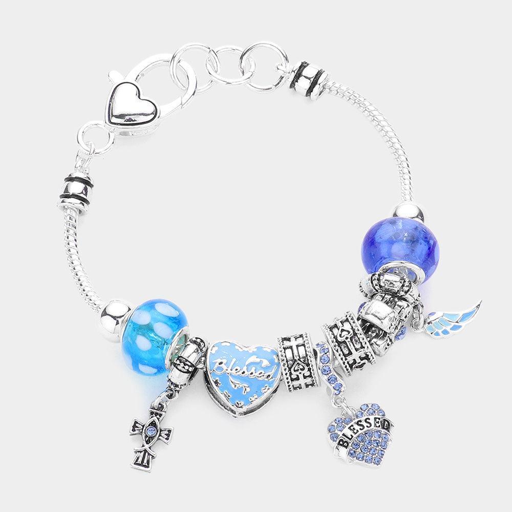 Blue Cross Blessed Message Heart Wing Charm Multi Bead Bracelet - Jewelry Store by Erik Rayo