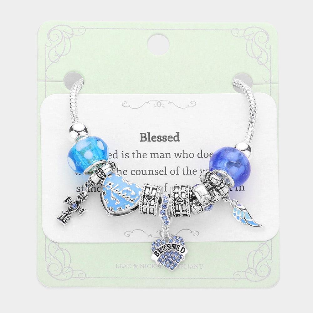 Blue Cross Blessed Message Heart Wing Charm Multi Bead Bracelet - Jewelry Store by Erik Rayo