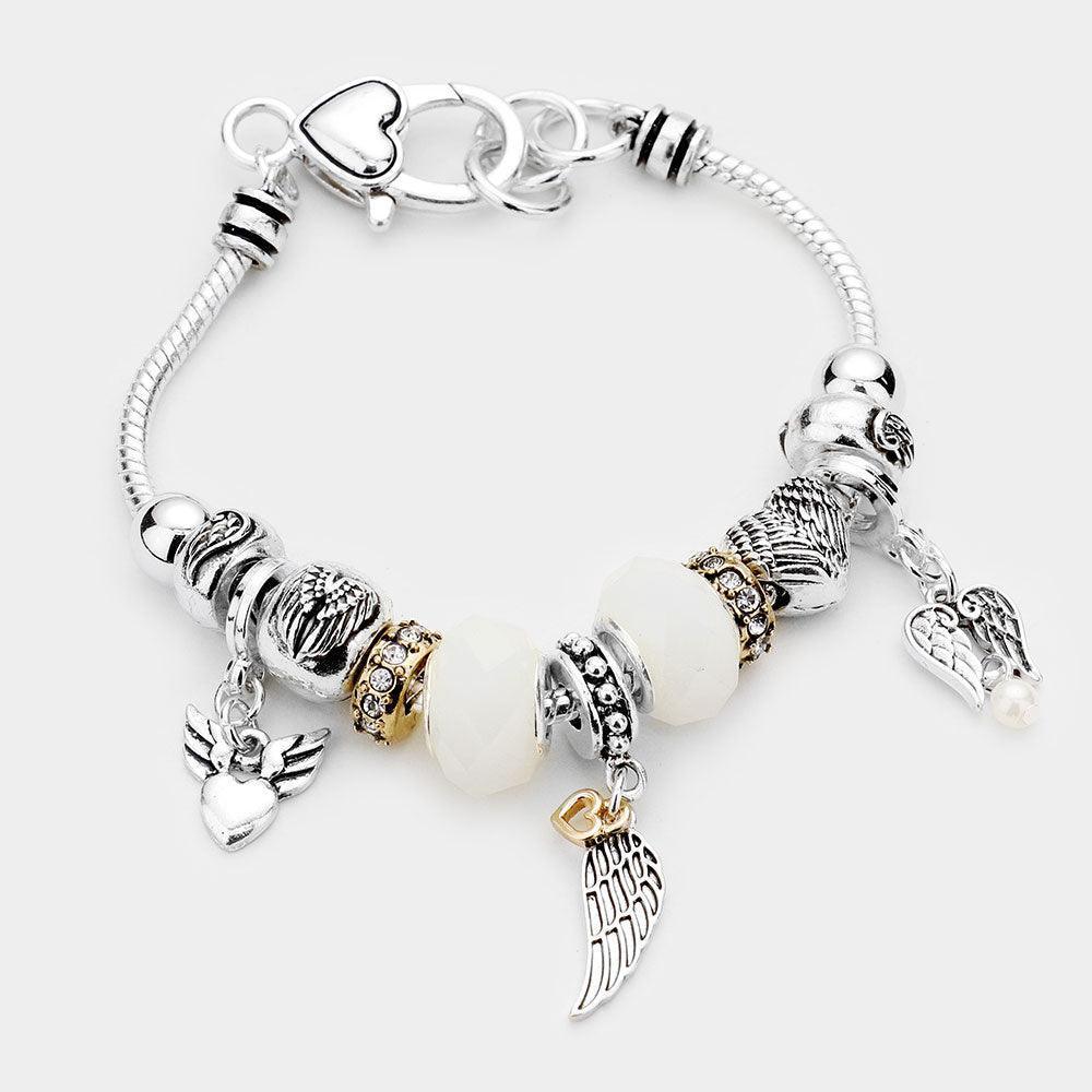 Two Tone Angel Wing Heart Charm Multi Bead Bracelet - Jewelry Store by Erik Rayo