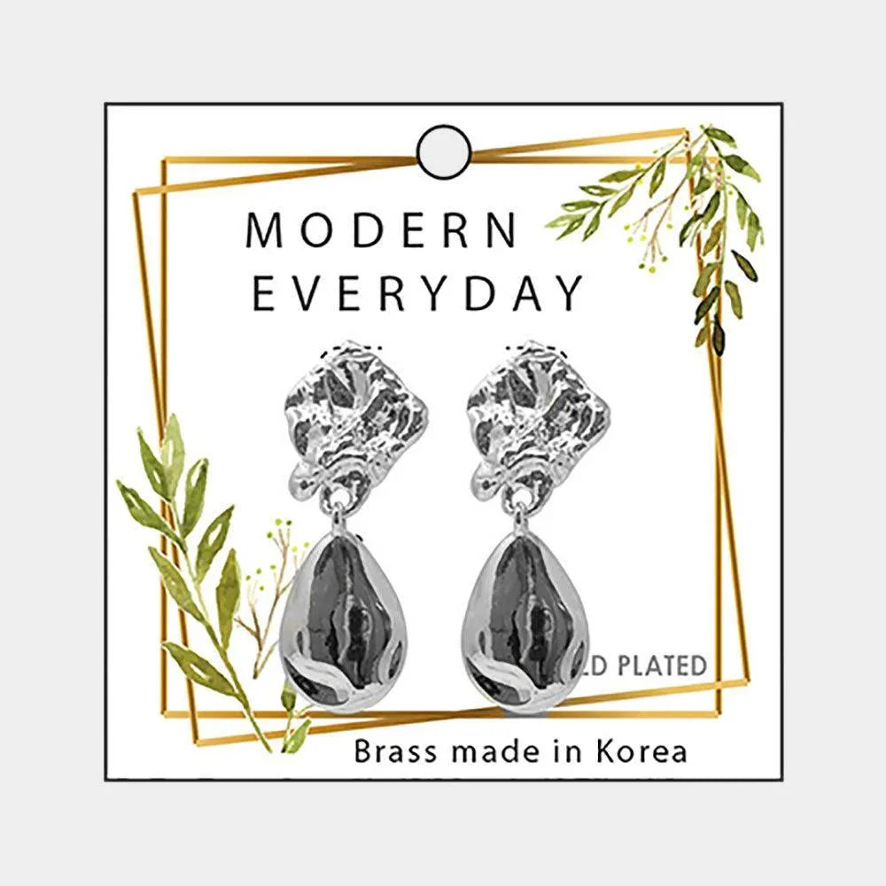 18K White Gold Plated Brass Crushed Metal Detail Dangle Earrings - Jewelry Store by Erik Rayo